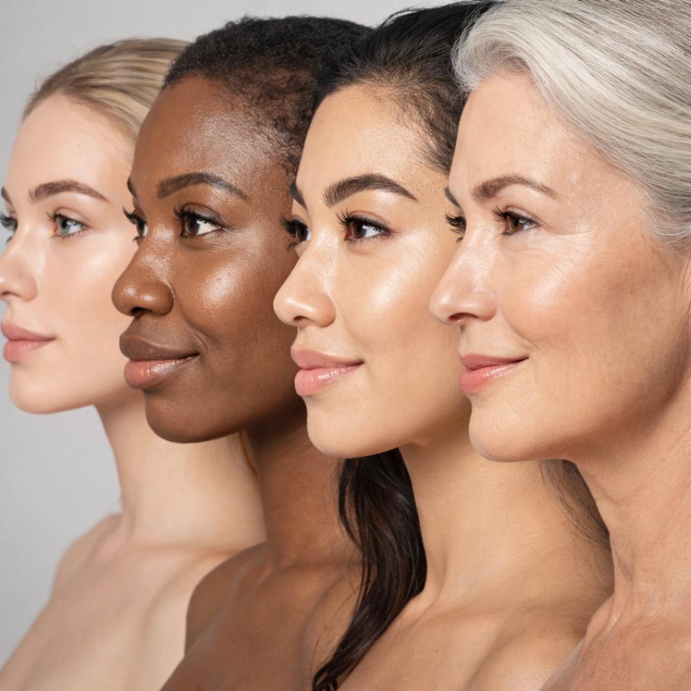 Four women of different ages and complexions in a luminous profile portrait.