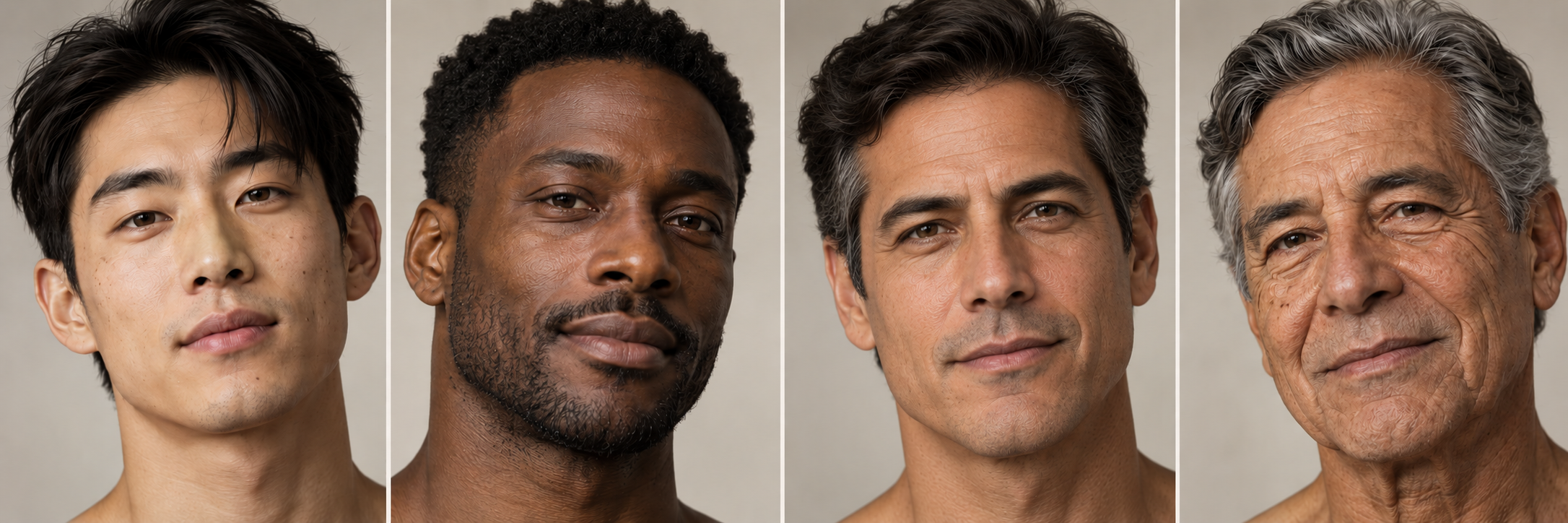 Four men from young adulthood through later life, shown in close-up portraits separated by thin ivory dividers.